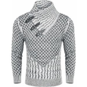 imageCOOFANDY Mens Knitted Turtleneck Sweater Long Sleeve Slim Fit Designer Shawl Collar PulloverA White