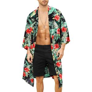 imageCOOFANDY Mens Lightweight Kimono Robe Jacket Printed Japanese Style Bathrobes Casual Open Front Long Cardigan Coat OutwearBlackleaves