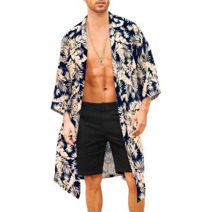 imageCOOFANDY Mens Lightweight Kimono Robe Jacket Printed Japanese Style Bathrobes Casual Open Front Long Cardigan Coat OutwearNavykhaki Leaves
