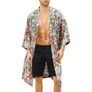 imageCOOFANDY Mens Lightweight Kimono Robe Jacket Printed Japanese Style Bathrobes Casual Open Front Long Cardigan Coat OutwearWhitepaisley Print