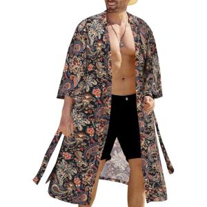 imageCOOFANDY Mens Lightweight Kimono Robe Japanese Bathrobes Open Front Long Cardigan Cloak with BeltBlackblueyellow