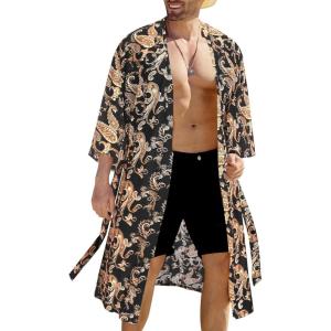 imageCOOFANDY Mens Lightweight Kimono Robe Japanese Bathrobes Open Front Long Cardigan Cloak with BeltBlackgolden