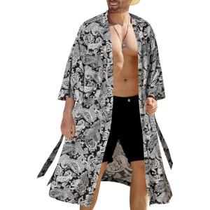 imageCOOFANDY Mens Lightweight Kimono Robe Japanese Bathrobes Open Front Long Cardigan Cloak with BeltBlackwhite