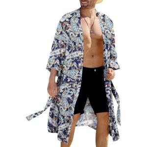 imageCOOFANDY Mens Lightweight Kimono Robe Japanese Bathrobes Open Front Long Cardigan Cloak with BeltBlue