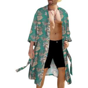 imageCOOFANDY Mens Lightweight Kimono Robe Japanese Bathrobes Open Front Long Cardigan Cloak with BeltGreen