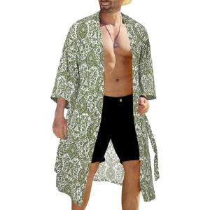 imageCOOFANDY Mens Lightweight Kimono Robe Japanese Bathrobes Open Front Long Cardigan Cloak with BeltGreenwhite