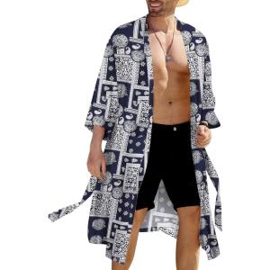 imageCOOFANDY Mens Lightweight Kimono Robe Japanese Bathrobes Open Front Long Cardigan Cloak with BeltNavy