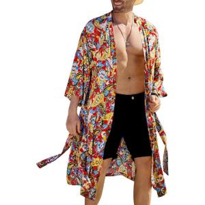 imageCOOFANDY Mens Lightweight Kimono Robe Japanese Bathrobes Open Front Long Cardigan Cloak with BeltRed