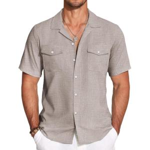 imageCOOFANDY Mens Linen Short Sleeve Button Down Shirt Casual Cuban Collar Summer Beach Shirts Vacation EssentialsKhaki
