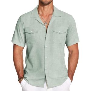 imageCOOFANDY Mens Linen Short Sleeve Button Down Shirt Casual Cuban Collar Summer Beach Shirts Vacation EssentialsLight Green