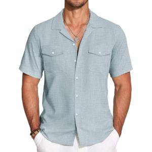 imageCOOFANDY Mens Linen Short Sleeve Button Down Shirt Casual Cuban Collar Summer Beach Shirts Vacation EssentialsPale Blue