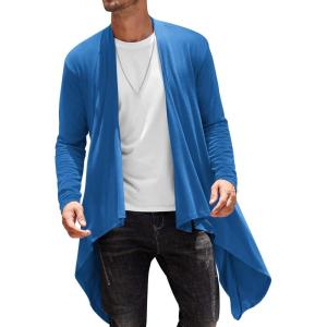 imageCOOFANDY Mens Long Cardigan Ruffle Shawl Collar Lightweight Open Front Drape Cape Overcoat with PocketsBluelong