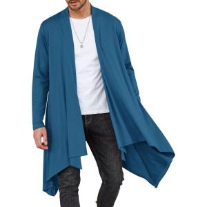 imageCOOFANDY Mens Long Cardigan Ruffle Shawl Collar Lightweight Open Front Drape Cape Overcoat with PocketsNavy
