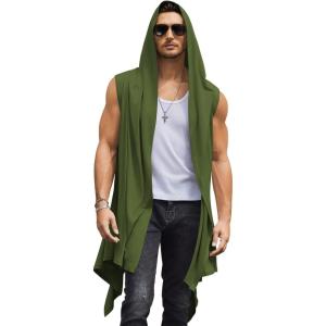 imageCOOFANDY Mens Long Hooded Cardigan Sleeveless Ruffle Shawl Collar Lightweight Open Front Drape Kimono VestArmy Green