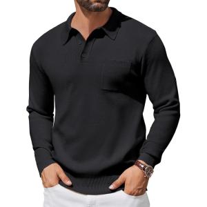 imageCOOFANDY Mens Long Sleeve Polo Sweater Knit Polo Casual Heavyweight Thermal Pullover Sweater with PocketBlack