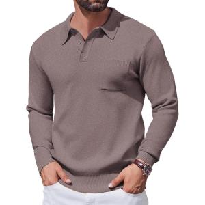 imageCOOFANDY Mens Long Sleeve Polo Sweater Knit Polo Casual Heavyweight Thermal Pullover Sweater with PocketBrown