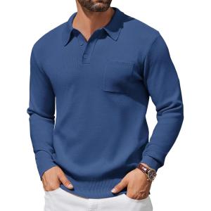 imageCOOFANDY Mens Long Sleeve Polo Sweater Knit Polo Casual Heavyweight Thermal Pullover Sweater with PocketDark Blue