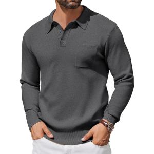 imageCOOFANDY Mens Long Sleeve Polo Sweater Knit Polo Casual Heavyweight Thermal Pullover Sweater with PocketDark Grey
