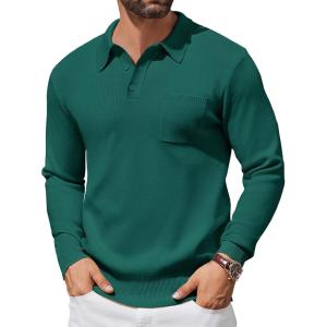 imageCOOFANDY Mens Long Sleeve Polo Sweater Knit Polo Casual Heavyweight Thermal Pullover Sweater with PocketGreen