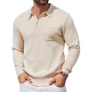 imageCOOFANDY Mens Long Sleeve Polo Sweater Knit Polo Casual Heavyweight Thermal Pullover Sweater with PocketKhaki