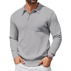 imageCOOFANDY Mens Long Sleeve Polo Sweater Knit Polo Casual Heavyweight Thermal Pullover Sweater with PocketLight Grey