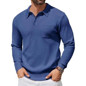 imageCOOFANDY Mens Long Sleeve Polo Sweater Knit Polo Casual Heavyweight Thermal Pullover Sweater with PocketNavy Blue