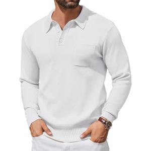 imageCOOFANDY Mens Long Sleeve Polo Sweater Knit Polo Casual Heavyweight Thermal Pullover Sweater with PocketWhite
