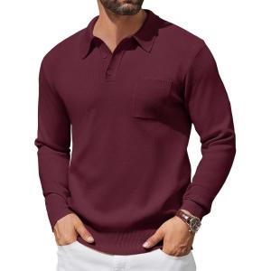 imageCOOFANDY Mens Long Sleeve Polo Sweater Knit Polo Casual Heavyweight Thermal Pullover Sweater with PocketWine Red