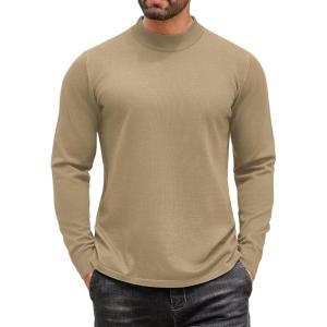 imageCOOFANDY Mens Mock Turtleneck Long Sleeve T Shirts Basic Casual Knitted Half Neck Thermal Lightweight Pullover SweaterKhaki