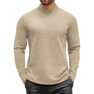 imageCOOFANDY Mens Mock Turtleneck Long Sleeve T Shirts Basic Casual Knitted Half Neck Thermal Lightweight Pullover SweaterLight Khaki