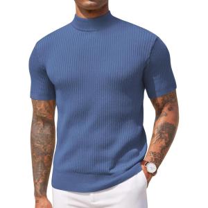 imageCOOFANDY Mens Mock Turtleneck Sweater Short Sleeve Casual Basic Tops Ribbed Knit Pullover Solid TeeGrey Blue