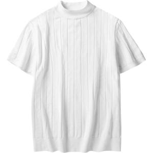 imageCOOFANDY Mens Mock Turtleneck Sweater Short Sleeve Casual Basic Tops Ribbed Knit Pullover Solid TeePat2 Striped White