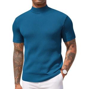 imageCOOFANDY Mens Mock Turtleneck Sweater Short Sleeve Casual Basic Tops Ribbed Knit Pullover Solid TeePeacock Blue