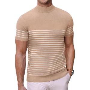 imageCOOFANDY Mens Mock Turtleneck Sweater Short Sleeve Casual Dress Sweater Slim Fit Pullover Basic Knit TeeStriped Khaki