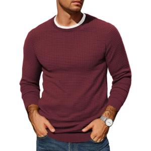 imageCOOFANDY Mens Pullover Sweater Waffle Knit Crewneck Long Sleeve Dress SweaterDeep Red