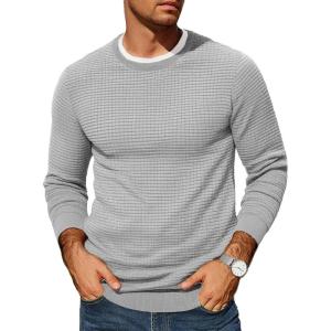 imageCOOFANDY Mens Pullover Sweater Waffle Knit Crewneck Long Sleeve Dress SweaterLight Grey