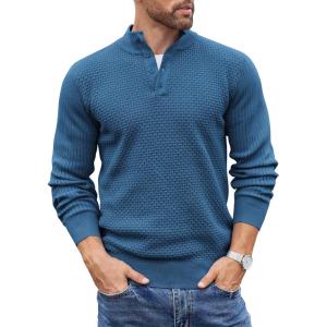 imageCOOFANDY Mens Quarter Button Sweater Lightweight Mock Neck Pullover Sweater Fashion Casual Knitted Waffle Henley SweaterDark Blue