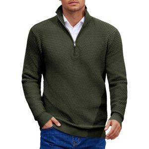 imageCOOFANDY Mens Quarter Zip Pullover Sweater Slim Fit Waffle Mock Turtleneck Polo Sweater Casual Long Sleeve SweatshirtArmy Green