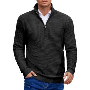 imageCOOFANDY Mens Quarter Zip Pullover Sweater Slim Fit Waffle Mock Turtleneck Polo Sweater Casual Long Sleeve SweatshirtBlack