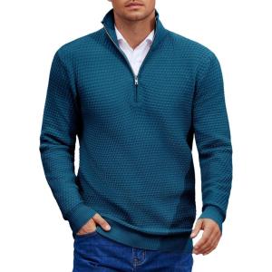 imageCOOFANDY Mens Quarter Zip Pullover Sweater Slim Fit Waffle Mock Turtleneck Polo Sweater Casual Long Sleeve SweatshirtBlue