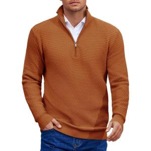 imageCOOFANDY Mens Quarter Zip Pullover Sweater Slim Fit Waffle Mock Turtleneck Polo Sweater Casual Long Sleeve SweatshirtBrown