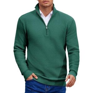 imageCOOFANDY Mens Quarter Zip Pullover Sweater Slim Fit Waffle Mock Turtleneck Polo Sweater Casual Long Sleeve SweatshirtDark Green