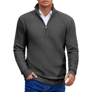 imageCOOFANDY Mens Quarter Zip Pullover Sweater Slim Fit Waffle Mock Turtleneck Polo Sweater Casual Long Sleeve SweatshirtDark Grey