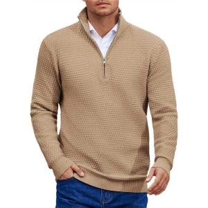 imageCOOFANDY Mens Quarter Zip Pullover Sweater Slim Fit Waffle Mock Turtleneck Polo Sweater Casual Long Sleeve SweatshirtDark Khaki