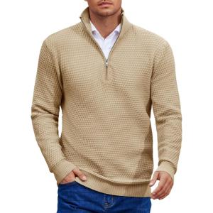 imageCOOFANDY Mens Quarter Zip Pullover Sweater Slim Fit Waffle Mock Turtleneck Polo Sweater Casual Long Sleeve SweatshirtKhaki