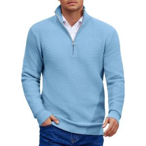 imageCOOFANDY Mens Quarter Zip Pullover Sweater Slim Fit Waffle Mock Turtleneck Polo Sweater Casual Long Sleeve SweatshirtLight Blue