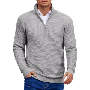 imageCOOFANDY Mens Quarter Zip Pullover Sweater Slim Fit Waffle Mock Turtleneck Polo Sweater Casual Long Sleeve SweatshirtLight Grey