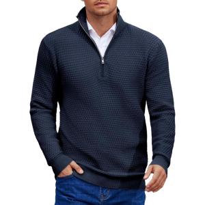 imageCOOFANDY Mens Quarter Zip Pullover Sweater Slim Fit Waffle Mock Turtleneck Polo Sweater Casual Long Sleeve SweatshirtNavy Blue