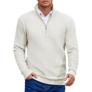 imageCOOFANDY Mens Quarter Zip Pullover Sweater Slim Fit Waffle Mock Turtleneck Polo Sweater Casual Long Sleeve SweatshirtWhite