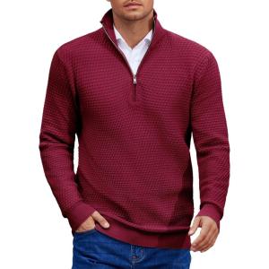 imageCOOFANDY Mens Quarter Zip Pullover Sweater Slim Fit Waffle Mock Turtleneck Polo Sweater Casual Long Sleeve SweatshirtWine Red
